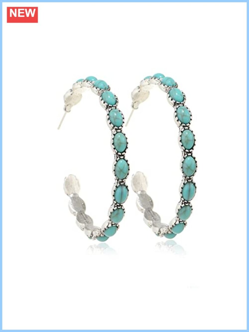 Turquoise Oval Drop Dangle Earrings Silver Colored Alloy French Wire Beaded